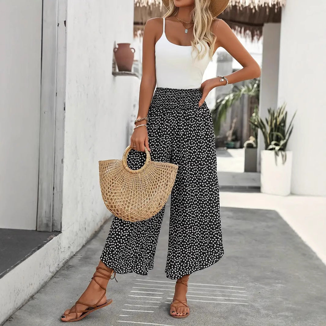 Pantalon Large Taille Haute à Pois - vue portée