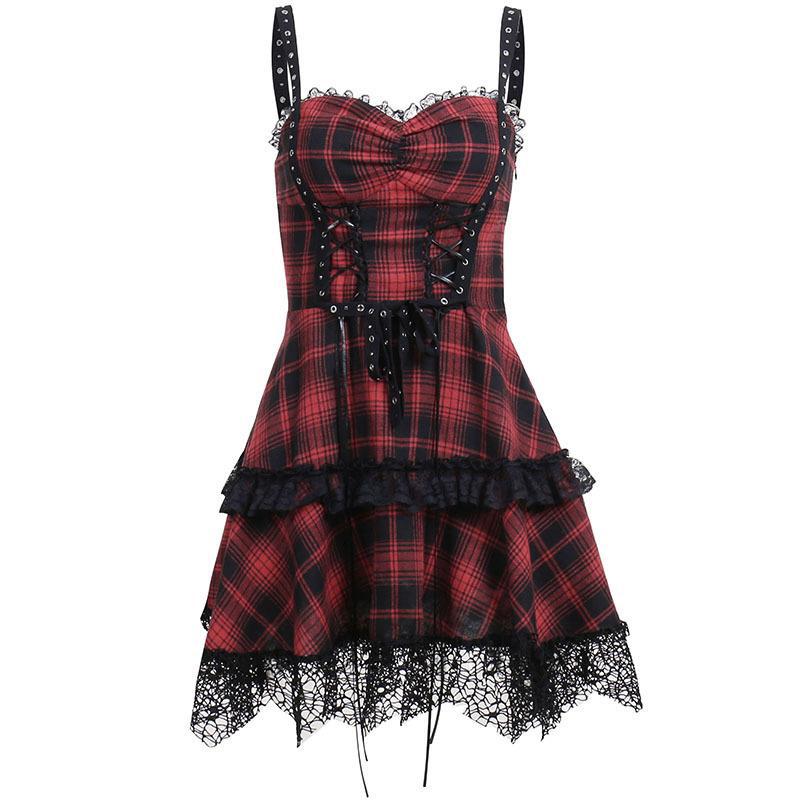 Vue de profil de la robe gothique avec col V et bretelles