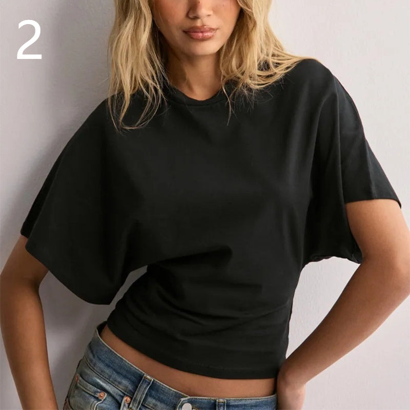 T-shirt femme manches chauve-souris - détail col rond