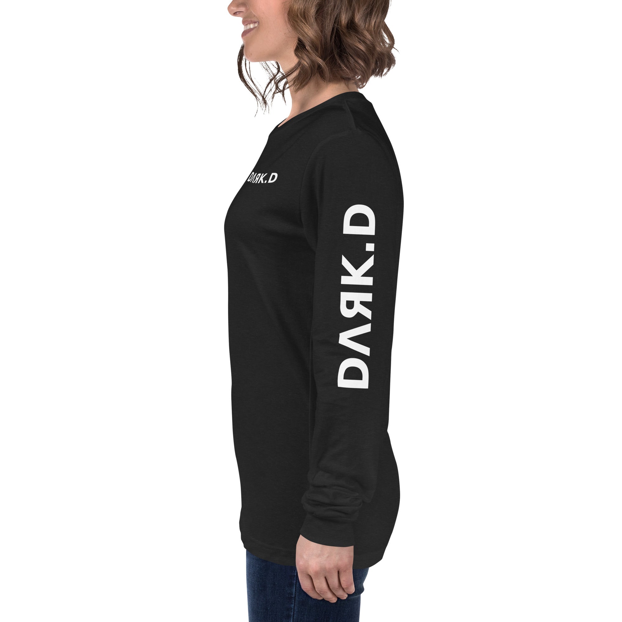 T-shirt manches longues unisexe DARK.D STORE, coloris Black Heather, vue de côté gauche