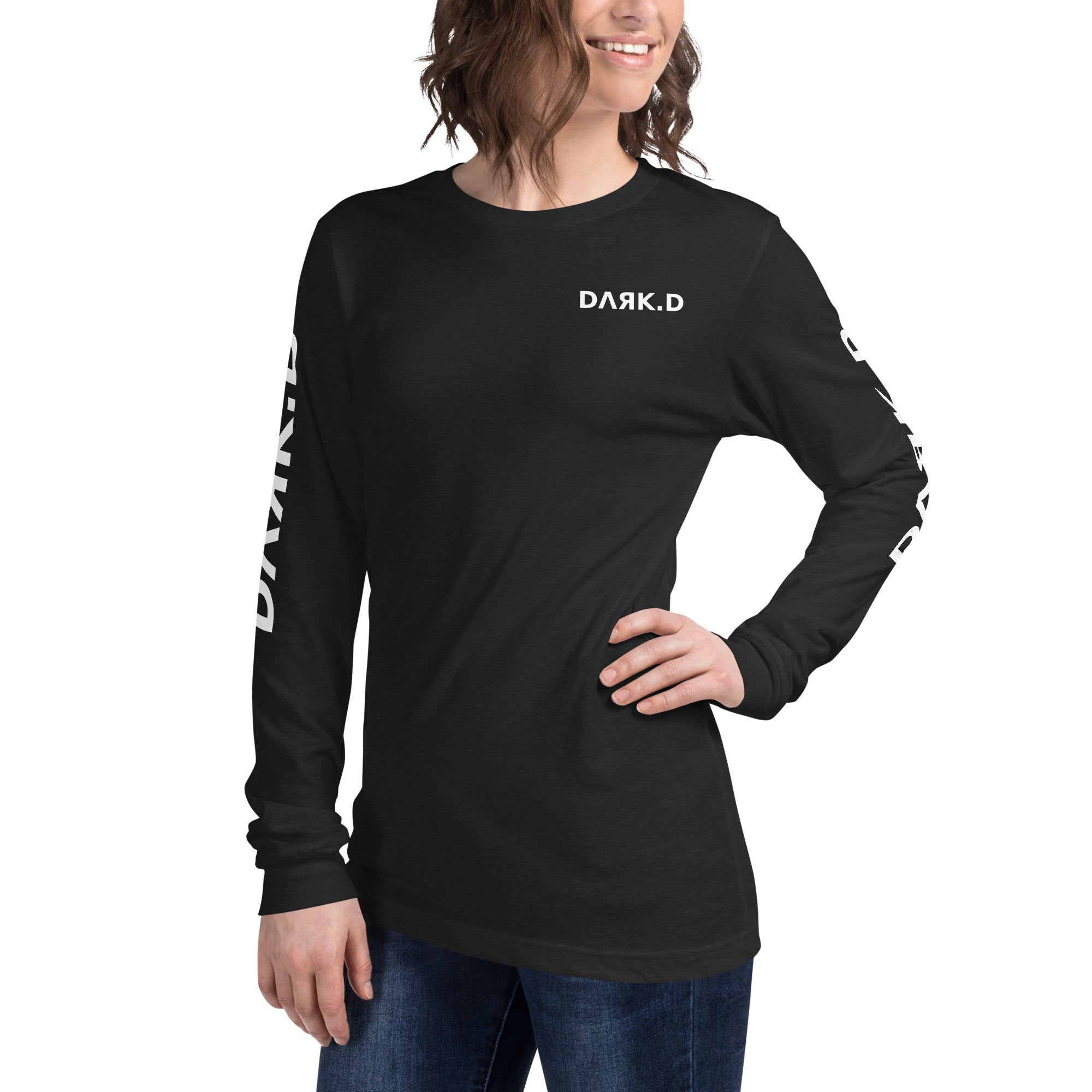 T-shirt manches longues unisexe DARK.D STORE, coloris Black Heather, vue trois-quarts avant gauche