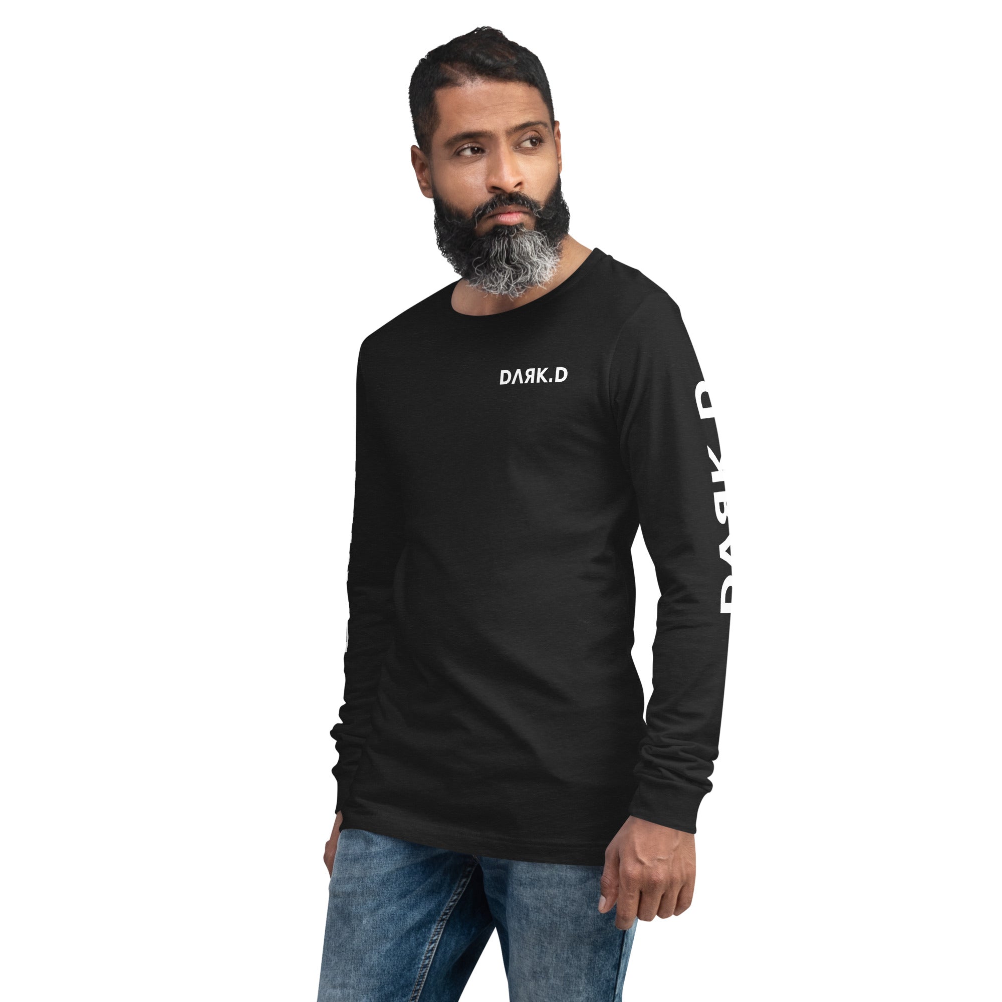 T-shirt manches longues unisexe DARK.D STORE, coloris Black Heather, vue trois-quarts avant gauche