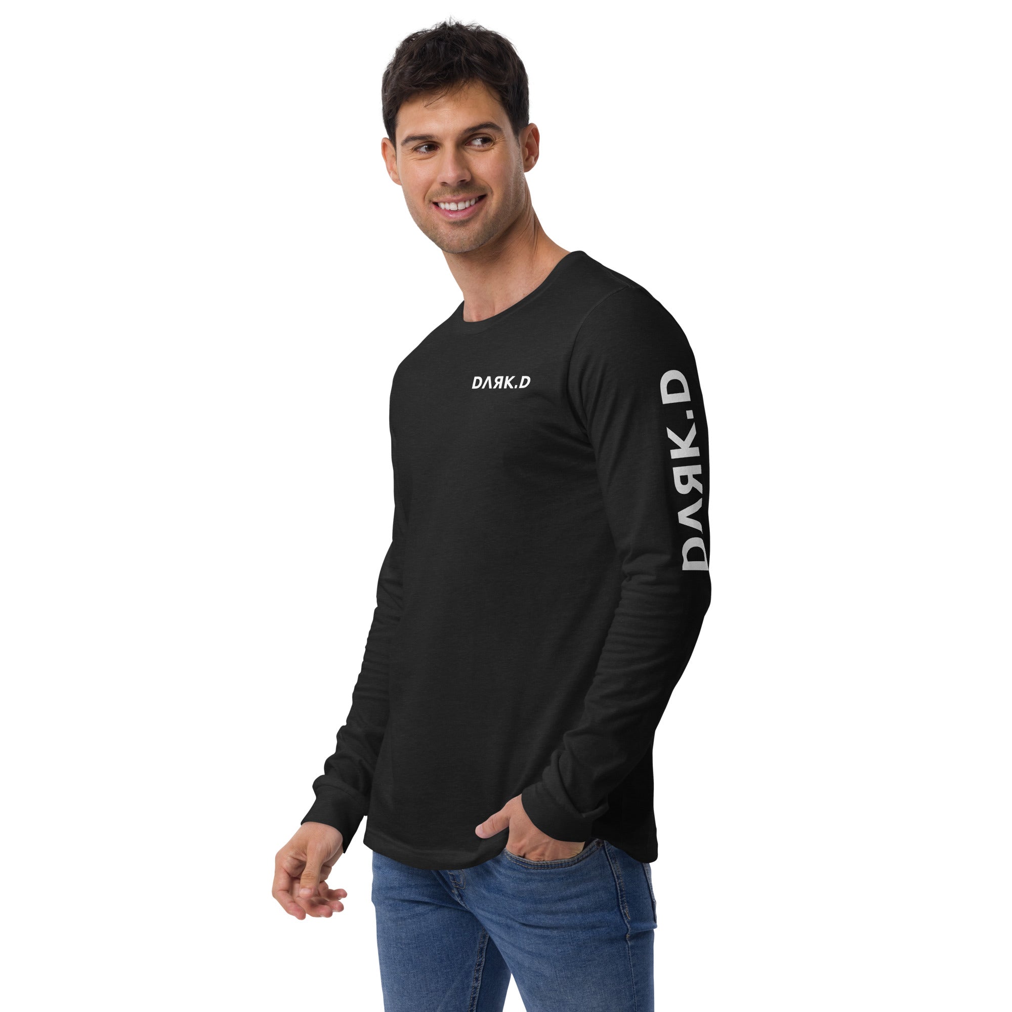 T-shirt manches longues unisexe DARK.D STORE, coloris Black Heather, vue trois-quarts avant gauche