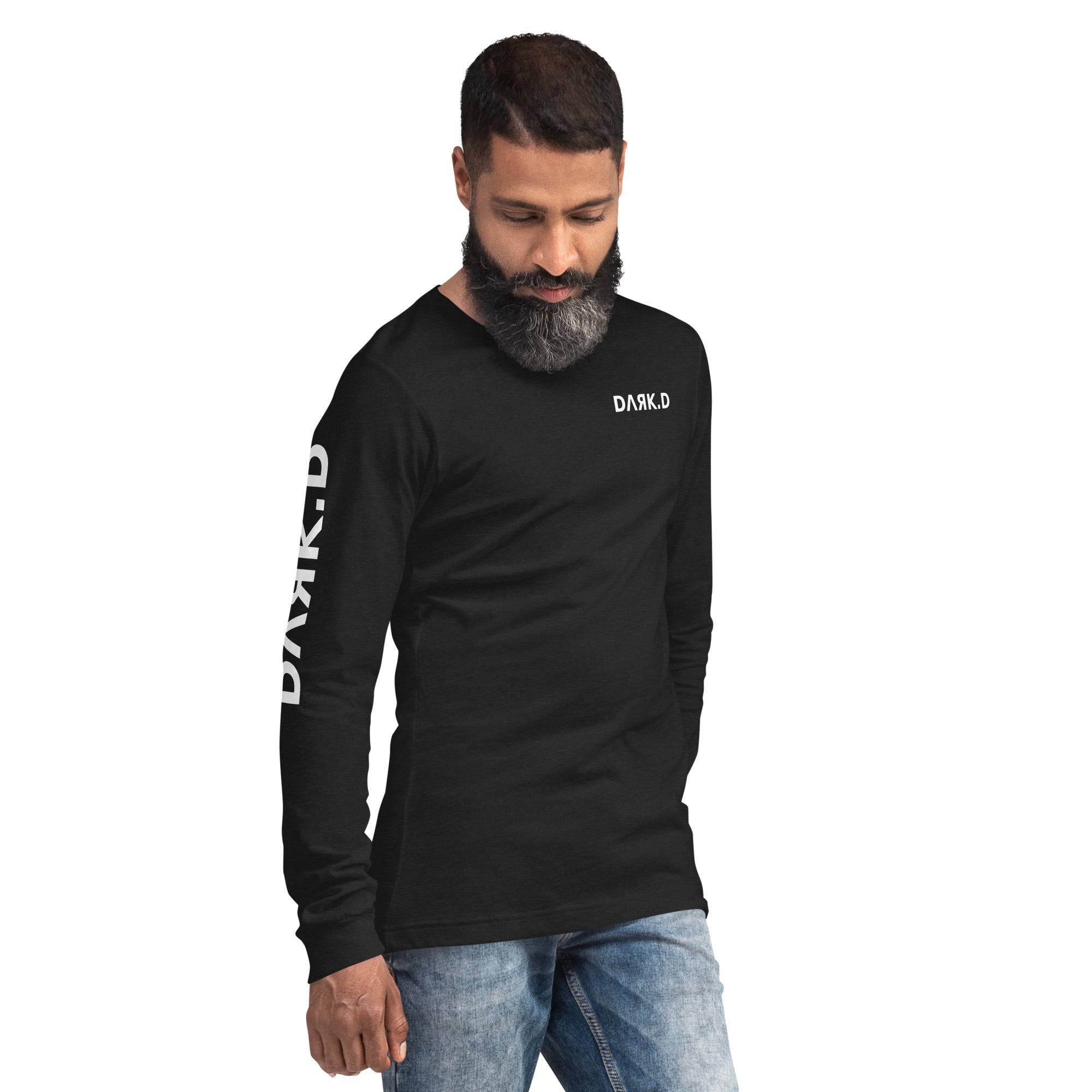 T-shirt manches longues unisexe DARK.D STORE, coloris Black Heather, vue trois-quarts avant droit